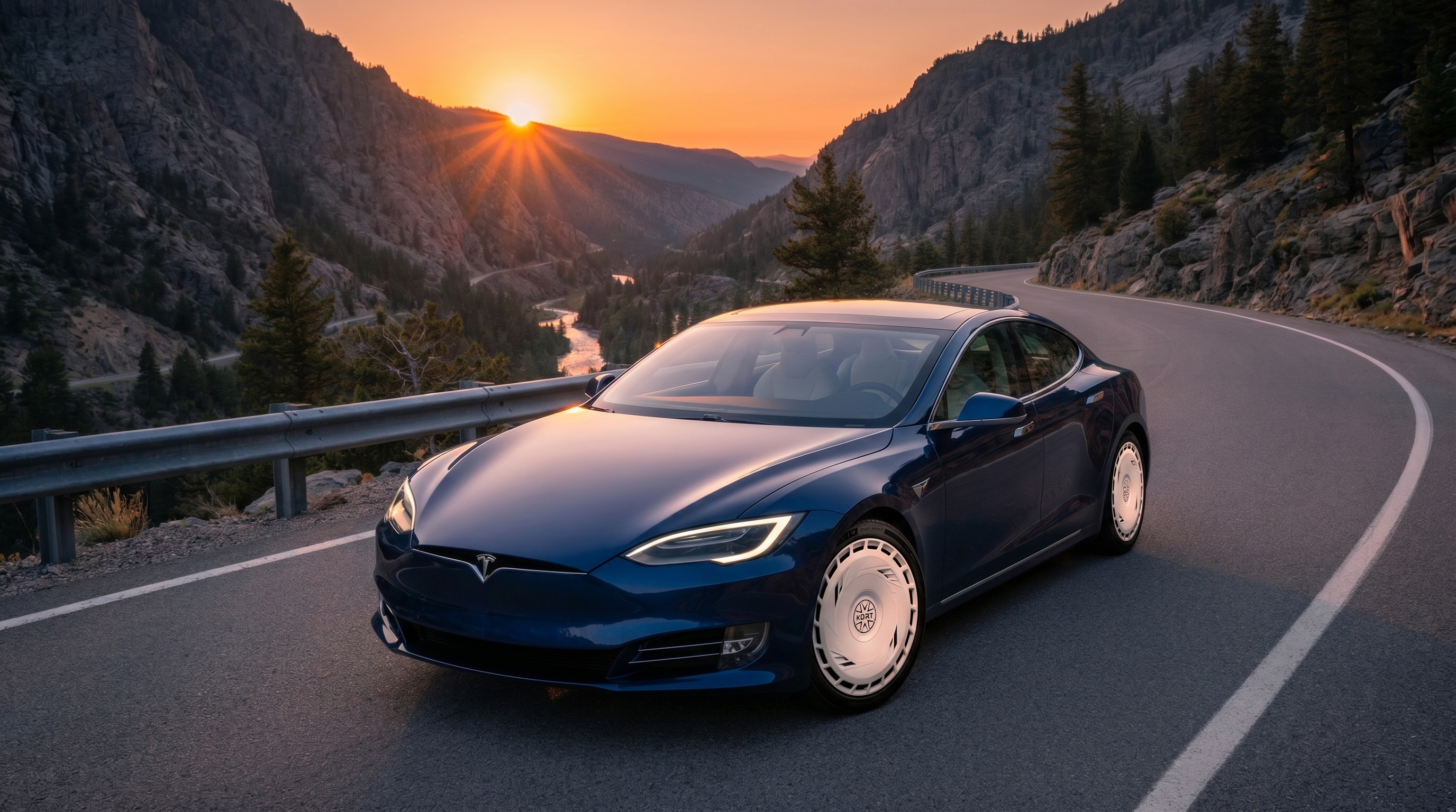 Tesla Model S with KDRT Aerodisc covers on a mountain road at sunset
